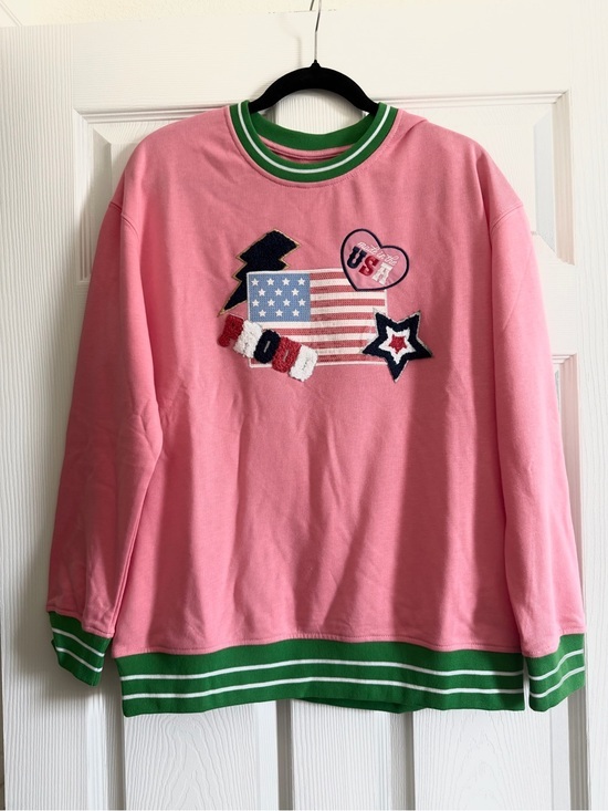 Simply Southern Tops - NWT Simply Southern Pink Sweatshirt with Green Trim and USA Patch